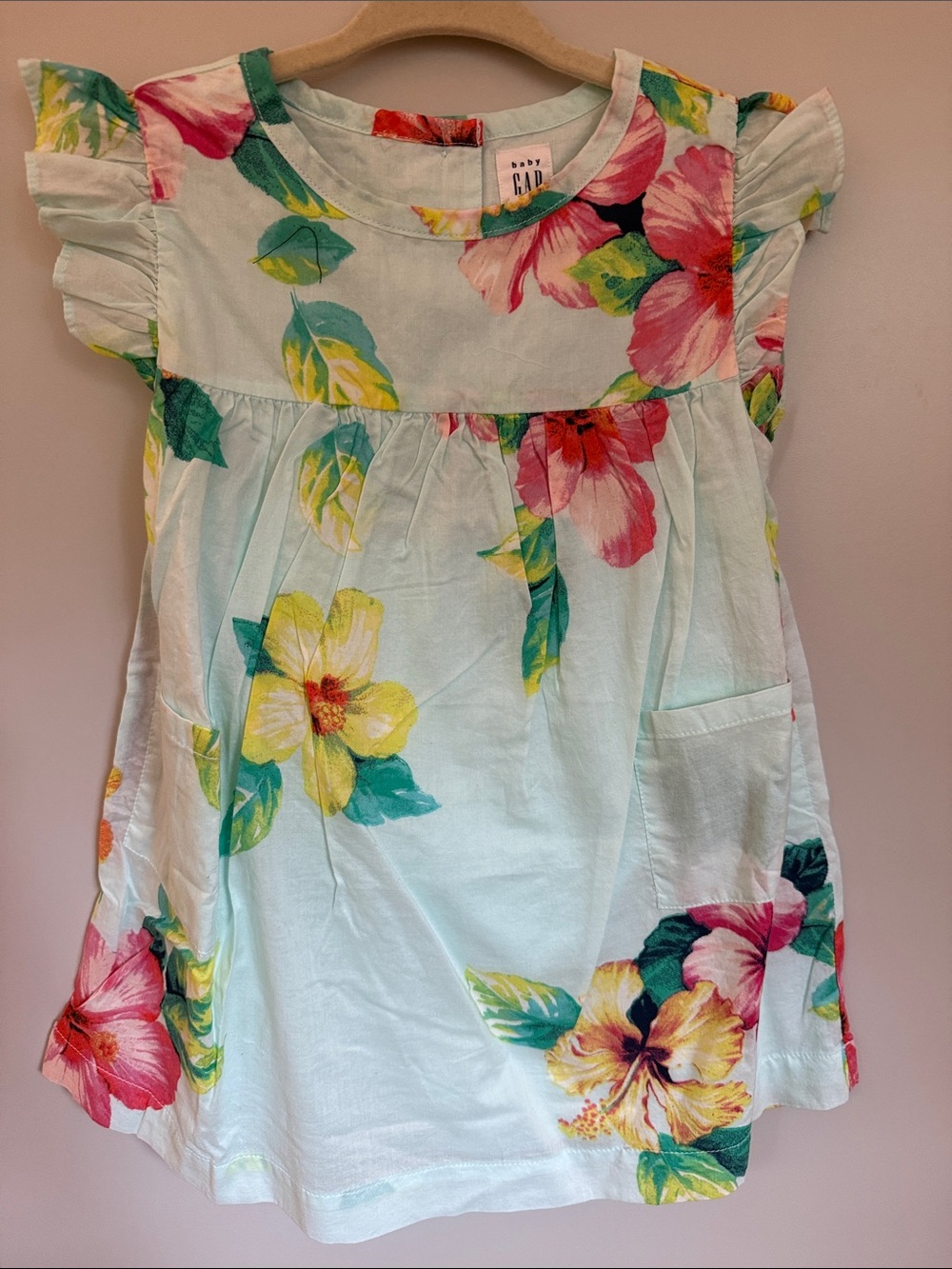 GAP Girls Floral Flutter-Sleeve Dress in Mint with Pink & Yellow Flowers
